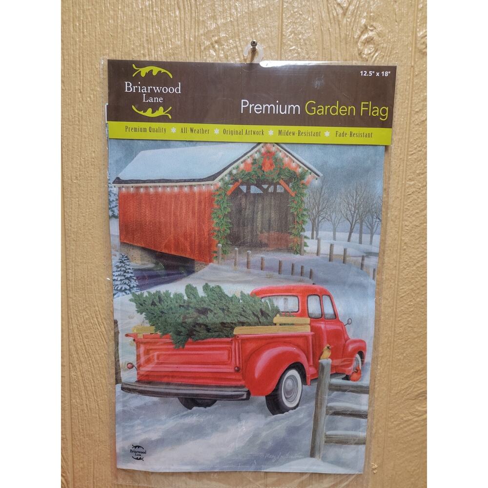 Briarwood Lane Merry Christmas Festive Covered Bridge Little Red Truck 12.5x18"